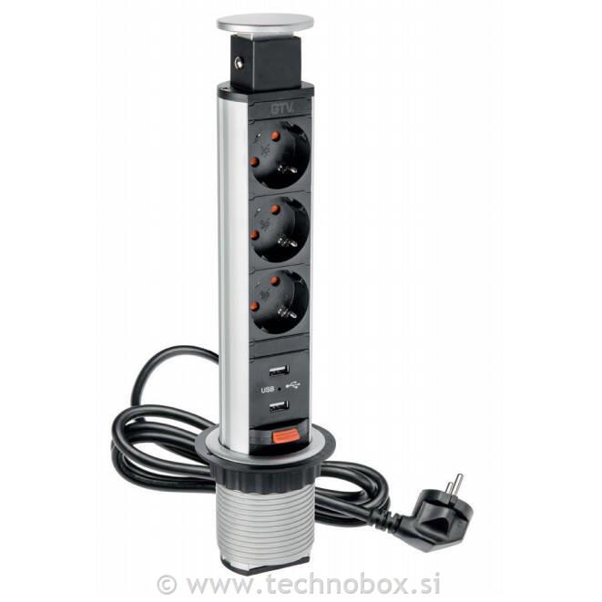 Stebriček potopni 3xšuk 2xUSB siva 60mm