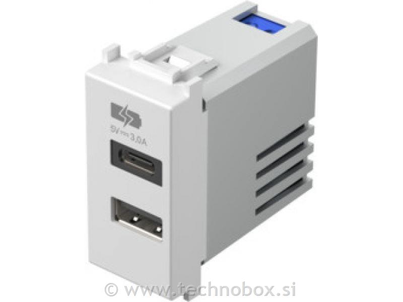 Vtičnica modul USB 20W/3,0A 1M bela-mat